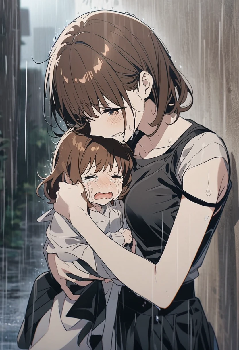 ((anime))、pastel、 woman,Brown Hair,Red drop shoulder, black sports bra full of tenderness and motherhood, black skirt ,The chain is attached, crying,In the Rain