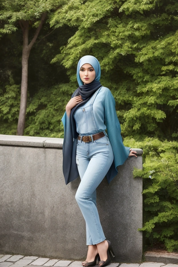 Please make me a realistic photo of a very beautiful young woman 32 year old standing on a stone walkway in a park. She wore a turquoise blouse with a black hijab covering her head. She was wearing blue jeans and beige heels, she had tight and tight thighs, the woman posed with one hand on her hip and the other resting on her shoulder. The background shows stone walls and some greenery. The overall atmosphere of the picture is casual and relaxed.facial details, skin texture, professional Curve body,