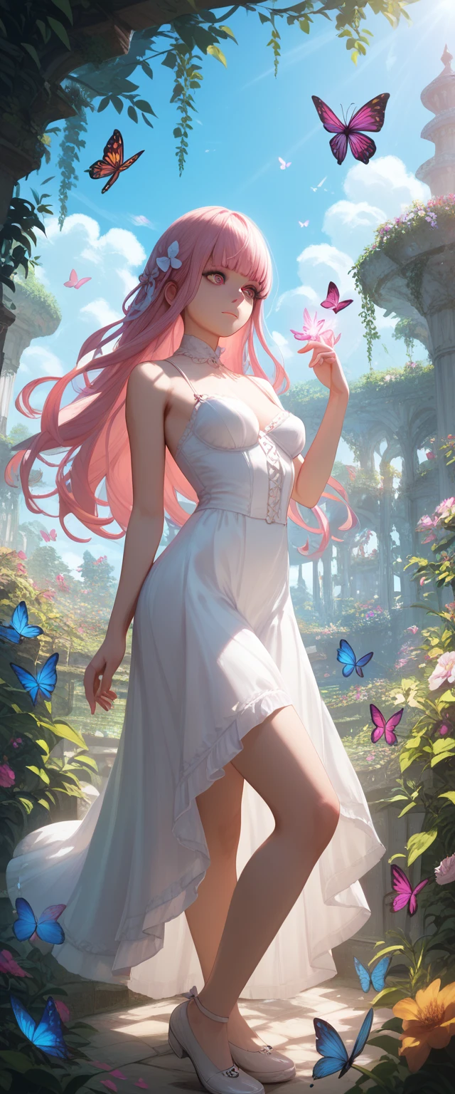  erotic pose, cut out,  High School of the Dead , 4K, topic,  Best quality , bright colors, fantasy, detailed face,  long hair ,  magical atmosphere, magic garden , bright flowers, butterflies,  soft sunlight, 