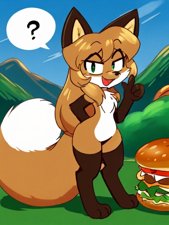 uploaded the e621, beautiful and detailed, woman (((female))) ((anthro)) Fox, (Averi, Fox girl), cinematic lighting, Fox, (anthro, fluffy fur), anthro fox girl, body fur, curvy, sexy, nice, cute, hot, comfortable anime-style cartoon-style, digital drawing, whimsical, flat chest, green eyes, sassy, sassy hips, (smug, curious smug expression), grassy mountain in the background, Mario pipe in background, open mouth, gazing at viewer with side eye, side view, chicken sandwich on the ground, contemplative pondering with her hand on her chin, speech bubble with question mark in it, wearing Super Mario's hat, striped thigh highs, digitigrade, music notes in the air