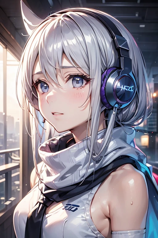 arafed woman with headphones on her head and a scarf, with headphones,  8K Portrait Rendering ,  Gaming Headset  , Wear a gaming headset,   Gwaze style artwork,  wear headphones,  High Quality Portrait ,  Photorealistic Anime Girl Rendering, Lostrun 8k, Wearing modern headphones, Girl Silver Hair, With headphones, Silver Haired Girl