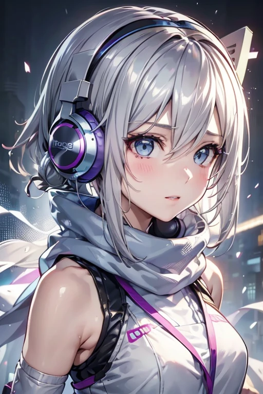 arafed woman with headphones on her head and a scarf, with headphones,  8K Portrait Rendering ,  Gaming Headset  , Wear a gaming headset,   Gwaze style artwork,  wear headphones,  High Quality Portrait ,  Photorealistic Anime Girl Rendering, Lostrun 8k, Wearing modern headphones, Girl Silver Hair, With headphones, Silver Haired Girl