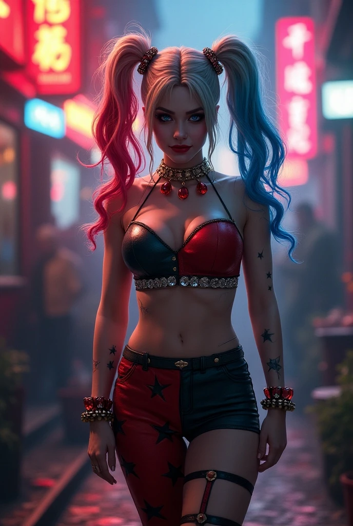 Create a realistic image of a woman, (large breasts:1.6), athletic build, hourglass figure, dressed as a Harley Quinn-inspired character. She has blonde hair styled in two pigtails, with the ends dyed red and blue. She wears a red and black corset top with lace-up detailing, red shorts, and a choker necklace. Her makeup includes bold eye colors matching her hair and a small heart on her cheek. The background is a vibrant city street at night, with neon lights and a bustling crowd of people. The overall atmosphere is edgy and dynamic, capturing a playful yet mischievous vibe. (Wide angle distant full body view:1.6). Hyper realistic photo, vibrant colors, 16k