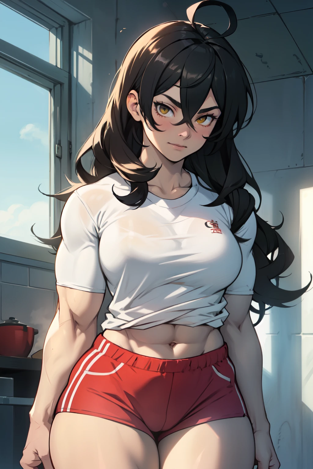 girl ((((muscular 1girl)))) ((((thick thighs toned body)))) (pale skin) black hair yellow eyes very long hair long sleeve tight t-shirt tight pants (french braid) massive breasts