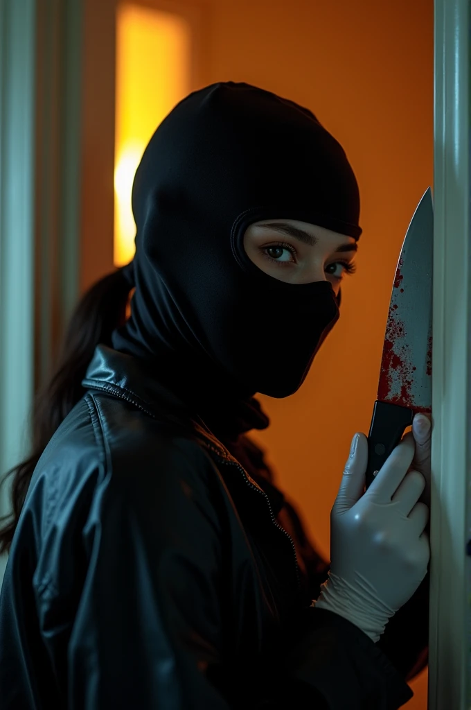 korean girl, (behind stiff, holding knife), stabbing, black balaclava mask, black leather gloves, bed room, black raincoat, girl only, holding knife, leather gloves, woman on top, behind cadaver, looking at viewer, blood splatter, white room, night, by the window mass murderer, killer, blood splatter, tripod and camera in the back, shooting with camera
