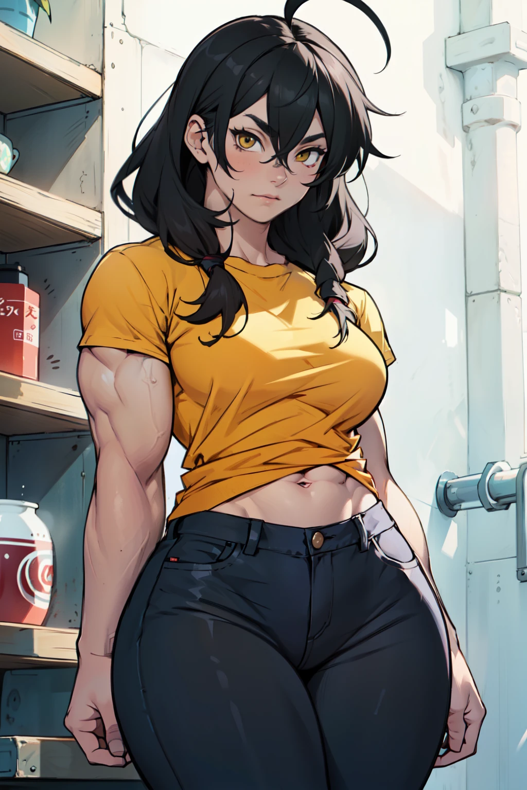 muscular girl big breasts thick thick thick thick thick black hair yellow eyes pale skin disappointed frown athletic female