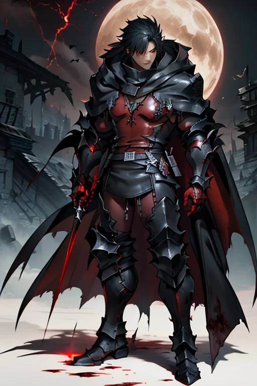  Cloak of a Man Full Body Leather Cloak  ,FF16 Cliff  , Cleave Rosefield  ,vampire,Glowing red eyes,white skin , Final Fantasy XVI Character ,  and smooth lacquered black metal armor , Blood-red cape with black tights ,   Black Red Plated Armor ,  Dark Souls Armor Concept , , 穿着战甲Full body photo特寫,  Red Glowing Eyes ,Blood-Red Cloak, Full body photo,vampire翅膀
