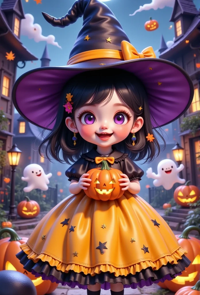 a girl in a yellow dress and a black hat holding a pumpkin, halloween art style, in a halloween style, 🍂 cute, witch girl, trick or treat, adorable digital painting, halloween celebration, halloween theme, advanced digital chibi art, bright witch, cute detailed digital art, scarry but bewitching, cute digital art, rossdraws cartoon vibrant