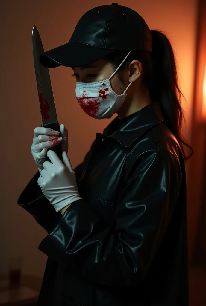 korean ????? girl, (behind ??????, surgical mask), holding knife, stabbing, black gloves, ????, spread ?????, room ?????????????, black raincoat, trucker hat, holding knife, black gloves, behind ??????, blood splatter, very long hair, night, mass murderer, robbery, in the hotel, light from the window
