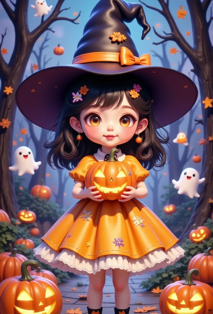 a girl in a yellow dress and a black hat holding a pumpkin, concept art by Yang J, trending on Artstation, fantasy art, halloween art style, in a halloween style, 🍂 cute, witch girl, trick or treat, adorable digital painting, halloween celebration, halloween theme, advanced digital chibi art, cute detailed digital art, bright witch