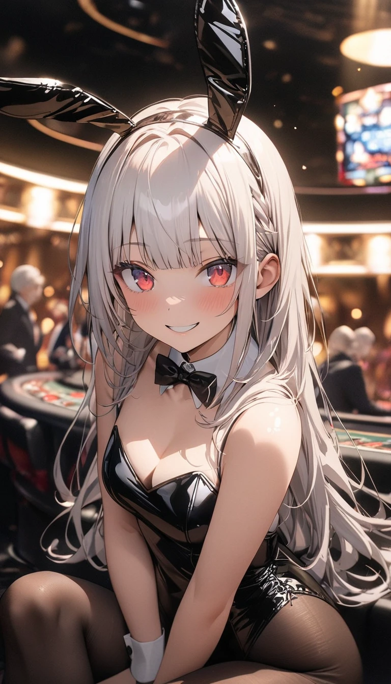 NSFW,masterpiece,Highest quality,High resolution,Very detailed,white\(no game No life\),Small breasts,ponytail,Bunny ears,Playboy Bunny,casino,Holding Tray,Dissatisfied face,blush,Service,Naughty service