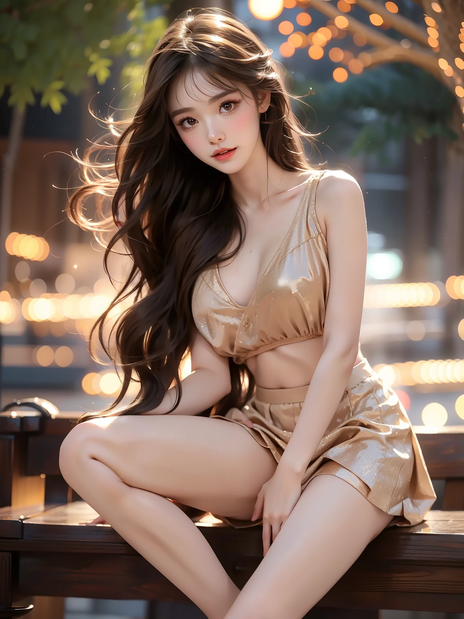 crop top ,((full body)), (Asian beauty: 1.3), girl, solo, ((very short hemline)), (Big eyes cute girl), (toned body: 1.2), (naturally large breasts: 1.1), (visible cleavage: 0.8), (smooth flawless skin: 1.2), (perfect anatomical proportions: 1.3), (anatomically correct legs: 1.3), (elegantly long legs: 1.3), 1.1) (a playful girl, one hand running through her long hair, the other lifting her skirt slightly), (detailed features: 1.2), (big bright eyes: 1.1), (long eyelashes: 1.1), charming smile, gentle and confident expression, Head slightly tilted, long flowing hair, (night scene: 1.1), (starry sky: 1.0), (space background: 0.9), (professional soft light: 1.2), (warm tone: 1.1), (Masterpiece: 1.4), (Super Detail: 1.3), (Sharp focus: 1.2), (Realistic: 1.2), (Hi-Fi: 1.1)