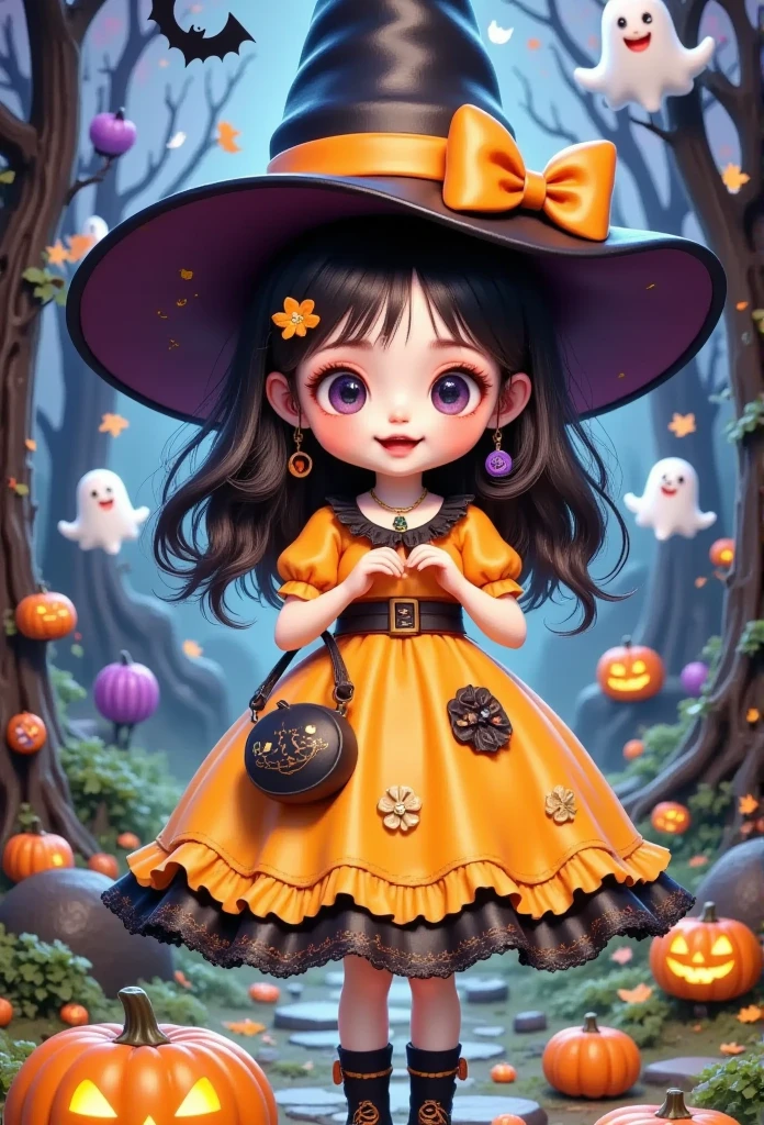 a girl in a yellow dress and a black hat holding a pumpkin, halloween art style, in a halloween style, 🍂 cute, witch girl, trick or treat, adorable digital painting, halloween celebration, halloween theme, advanced digital chibi art, bright witch, cute detailed digital art, scarry but bewitching, cute digital art, rossdraws cartoon vibrant