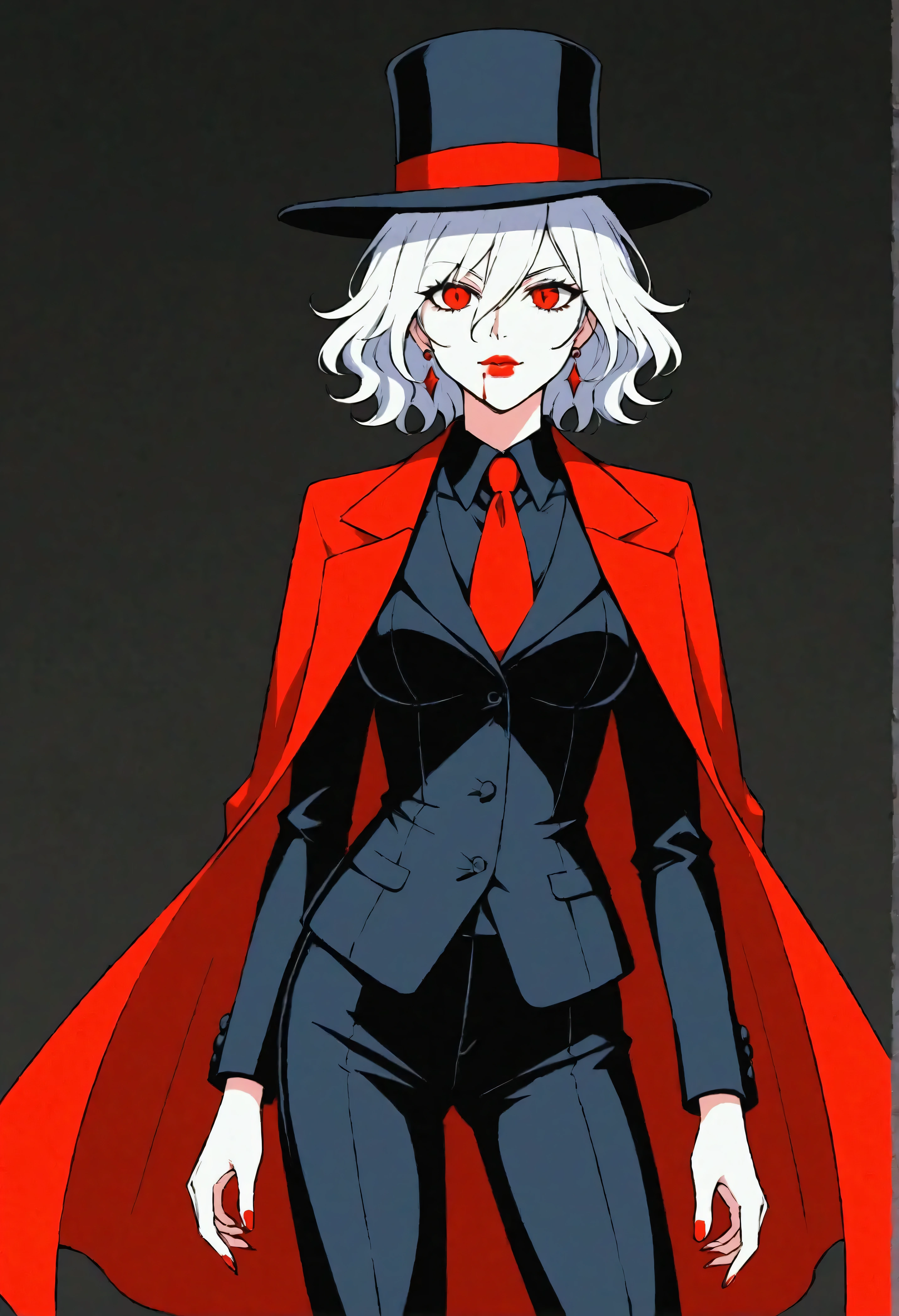 A striking female vampire exudes power and sophistication as she stands against a dark, shadowy background. Her short, sleek white hair peeks out from under a stylish black fedora, adding to her mafia boss aura. Her glowing red eyes pierce through the darkness with a commanding gaze. She is dressed in a sharp, tailored white suit with black lapels, exuding elegance and control. A blood-red pocket square and a rose pinned to her jacket add a vibrant contrast, while the lace detailing on her cuffs provides a subtle gothic touch. The image captures her deadly allure, blending the sinister grace of a vampire with the cool, calculated presence of a mafia leader. Every detail is rendered in high fidelity and ultra quality, with a cinematic composition that highlights her dominance and mysterious charm.