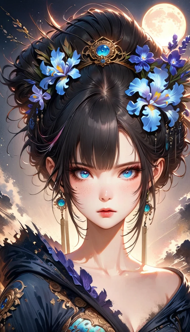 (Best Quality),(masterpiece), 8k, very detailed , Detailed light, Best Shadow,Detailed Reflections ,  beautiful eyes,  very detailed な顔,Shiny Hair,One person,Gloss, semi-long,Black Hair,iris, Fascinating ,Expressionless,Quiet Anger,full moon,Hair accessories,whole body,front, A Journey to Another World Led by the Moon ,my,my,fan,darkness, My face is dirty when drawing pictures, Dynamic Angle ,