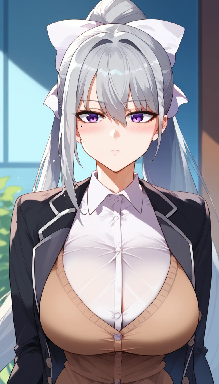 score_9, score_8_up, score_7_up, hk1, purple eyes, grey hair, hair between eyes, long hair, very long hair, ponytail, mole, mole under eye, bow, white bow、huge Breasts、
shirt, white shirt, necktiepurple necktieCardigan, (brown Cardigan、black jacket, black blazer),  upper body、Close the buttons on the cardigan