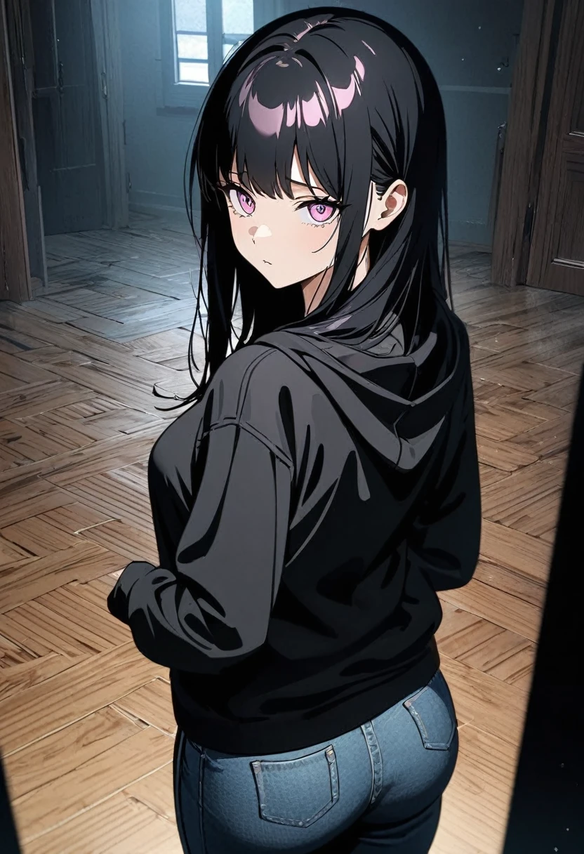  anime style,Woman looking back,Show me your back, Black Hair , semi-long hair,Blowing in the Wind,Pink Eyes,The Shining,Wear a black hoodie like a jewel,Wear jeans,  pockets  ,Straight face, calm ,A scene from a movie that emphasizes women,Long single road,Very dark,The light shines at the end of the road,High-angle masterpiece,Best Quality,Exquisite,8k, absurd, super detailed illustrations,( Viewers )