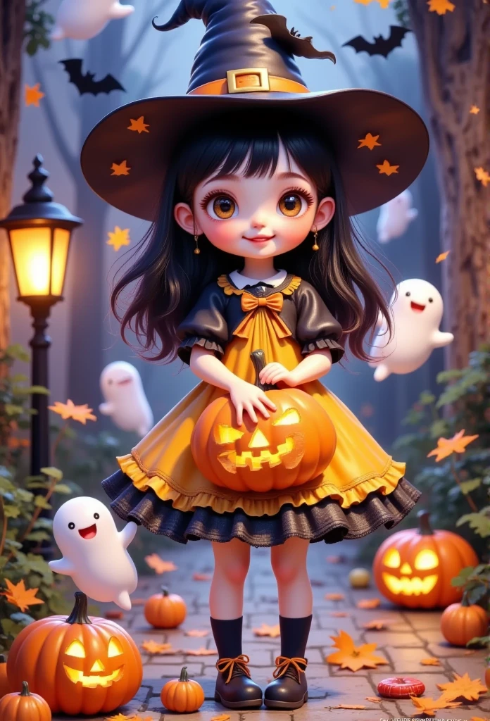 a girl in a yellow dress and a black hat holding a pumpkin, concept art by Yang J, trending on Artstation, fantasy art, halloween art style, in a halloween style, 🍂 cute, witch girl, trick or treat, adorable digital painting, halloween celebration, halloween theme, advanced digital chibi art, cute detailed digital art, bright witch