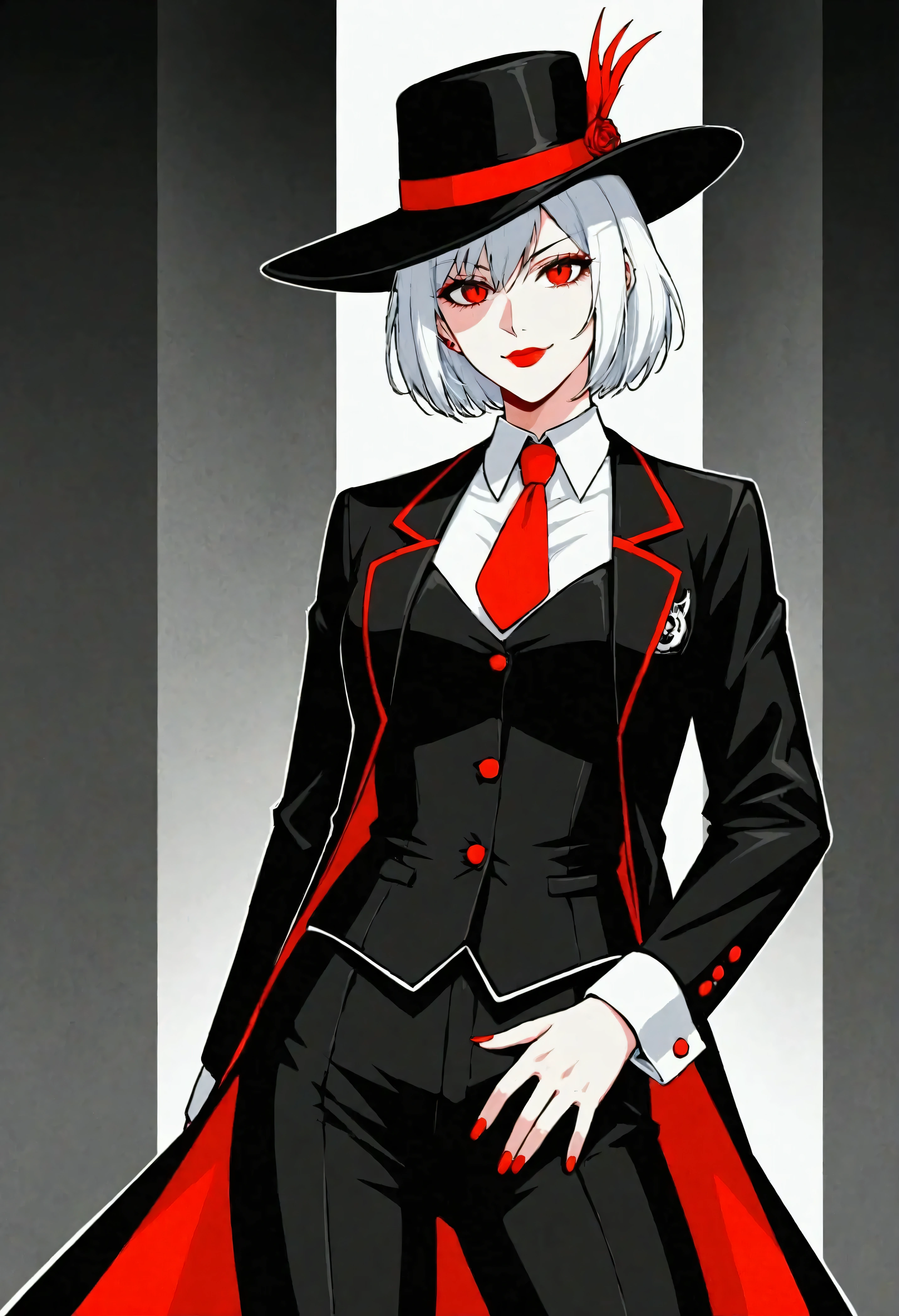 A striking female vampire exudes power and sophistication as she stands against a dark, shadowy background. Her short, sleek white hair peeks out from under a stylish black fedora, adding to her mafia boss aura. Her glowing red eyes pierce through the darkness with a commanding gaze. She is dressed in a sharp, tailored white suit with black lapels, exuding elegance and control. A blood-red pocket square and a rose pinned to her jacket add a vibrant contrast, while the lace detailing on her cuffs provides a subtle gothic touch. The image captures her deadly allure, blending the sinister grace of a vampire with the cool, calculated presence of a mafia leader. Every detail is rendered in high fidelity and ultra quality, with a cinematic composition that highlights her dominance and mysterious charm.