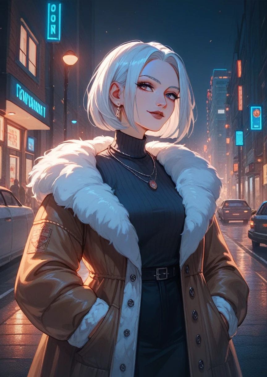 an elderly woman with white hair, seductive, medium bob haircut, stylish elderly woman, good figure, wearing a fur coat, street corner in winter New York, refined design, advanced lighting techniques, 8K quality, masterpiece