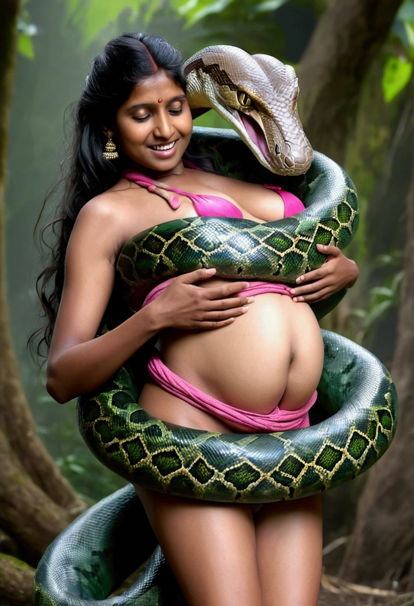 Pregnant topless aroused  horny beautiful happy very young indian little village girl  wearing pink thong vs Giant green colossal kaa   monster wrapped around her body squeezing her in coiled embrace cuddling and kissing sexual erotic bestiality sex realistic snake pit full body, best quality wet  nsfw  mating raw uncensored nsfw