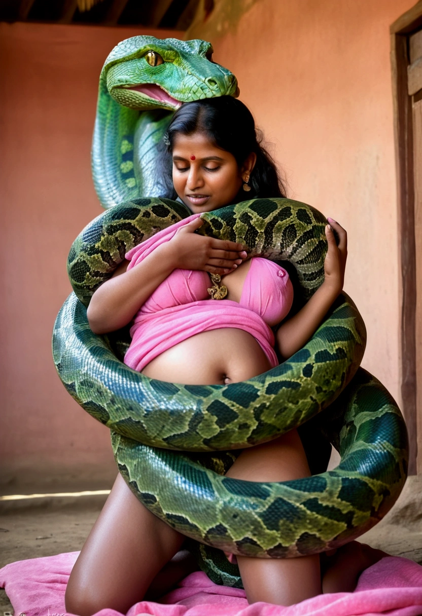 Pregnant topless aroused  horny beautiful happy very young indian little village girl  wearing pink thong vs Giant green colossal kaa   monster wrapped around her body squeezing her in coiled embrace cuddling and kissing sexual erotic bestiality sex realistic snake pit full body, best quality wet  nsfw  mating raw uncensored nsfw