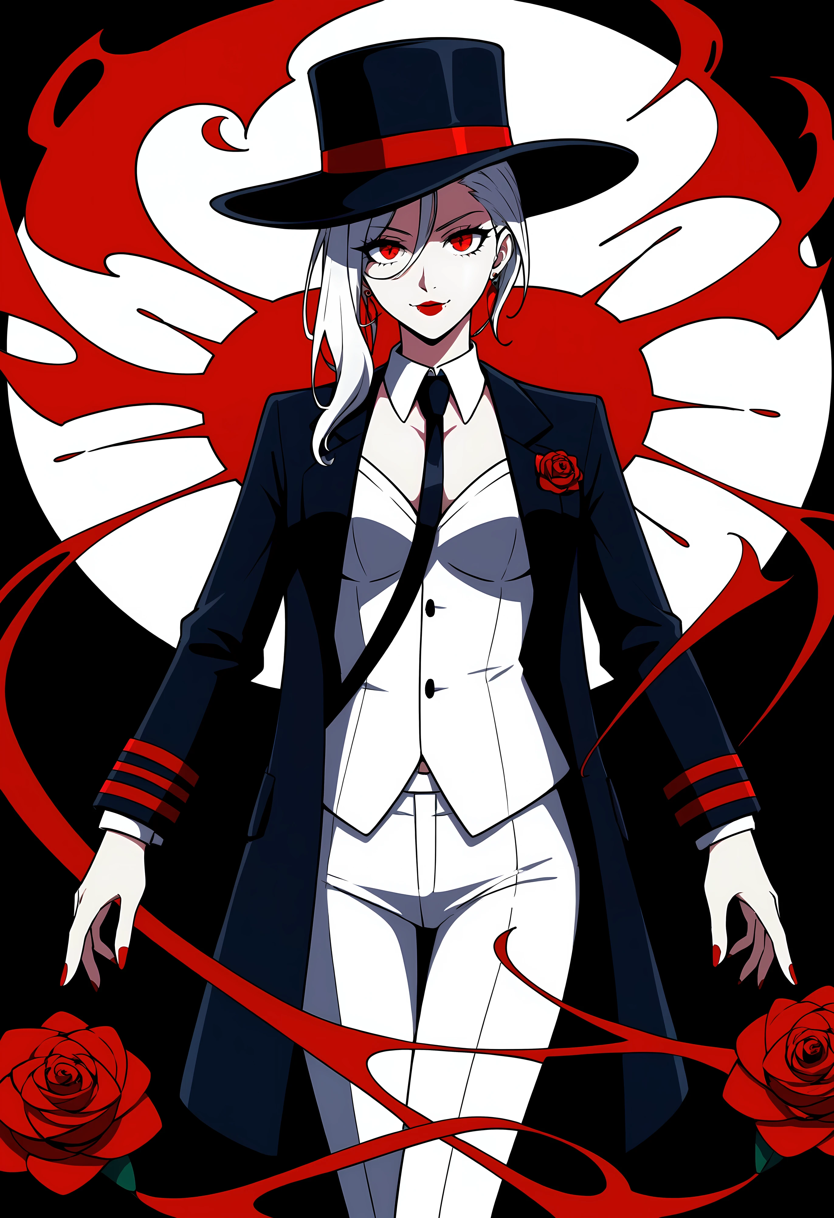 A striking female vampire exudes power and sophistication as she stands against a dark, shadowy background. Her short, sleek white hair peeks out from under a stylish black fedora, adding to her mafia boss aura. Her glowing red eyes pierce through the darkness with a commanding gaze. She is dressed in a sharp, tailored white suit with black lapels, exuding elegance and control. A blood-red pocket square and a rose pinned to her jacket add a vibrant contrast, while the lace detailing on her cuffs provides a subtle gothic touch. The image captures her deadly allure, blending the sinister grace of a vampire with the cool, calculated presence of a mafia leader. Every detail is rendered in high fidelity and ultra quality, with a cinematic composition that highlights her dominance and mysterious charm.