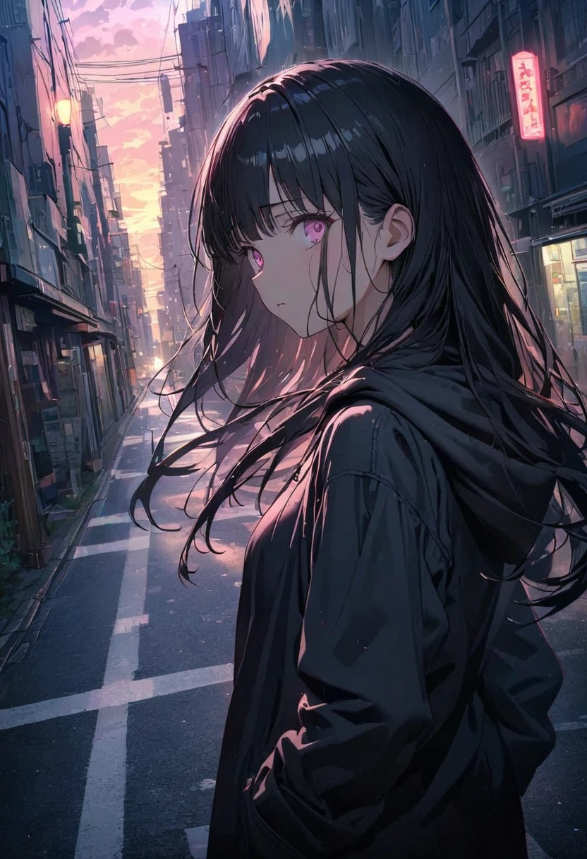  anime style,pastel,Woman looking back,Show me your back, Black Hair , semi-long hair,Blowing in the Wind,Pink Eyes,The Shining,Wear a black hoodie like a jewel,Wear jeans,  pockets  ,Straight face, calm ,A scene from a movie that emphasizes women,Long single road,Tokyo road,Very dark,The light shines at the end of the road,High-angle masterpiece,Best Quality,Exquisite,8k, absurd, super detailed illustrations,( Viewers )