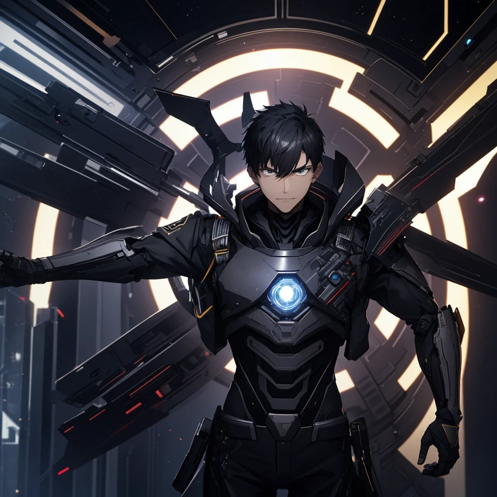  illustration of a young man , Black Hair, Short Hair, Black Eyes,  short wolf hair , 20-year-old man, I'm wearing a black skinny pilot suit,  relaxing in a spaceship lobby , A smirking expression, Official Art、 best quality、 unity 8k Wallpaper 、32K、masterpiece、Super detailed, Male nose, Male Eyes , Male outline ,  male skeleton , Male Body, English is displayed on multiple monitors,  looking down from above, {{{APEX}}}, English is displayed on multiple monitors,  looking down from above,