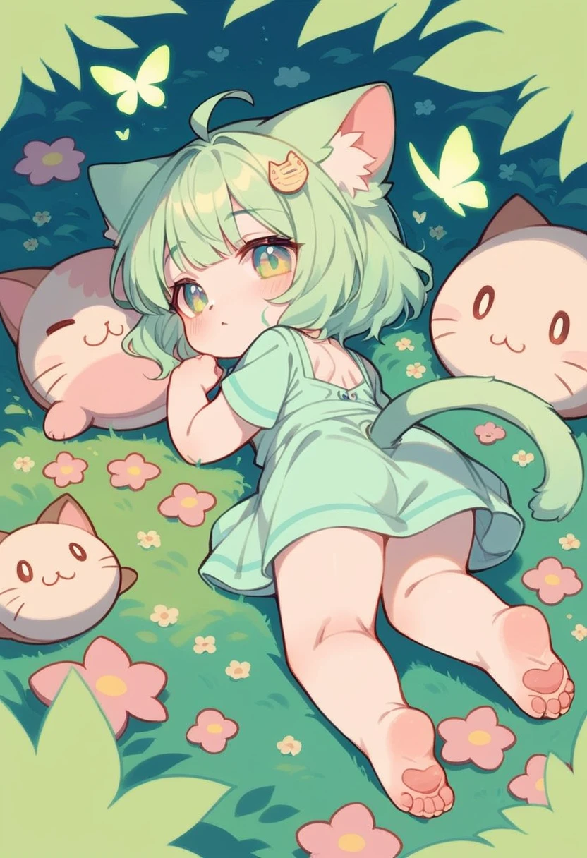 illustration, best quality, chibi,(pastel color),Low Fidelity (lofi) art style,pastel green tones,back view, 1girl, green hair, cat ears, cat tail, lying down, looking at rainbow butterfly, cute and playful atmosphere, paw-like feet, simple composition, gentle and relaxing scene, subtle shading