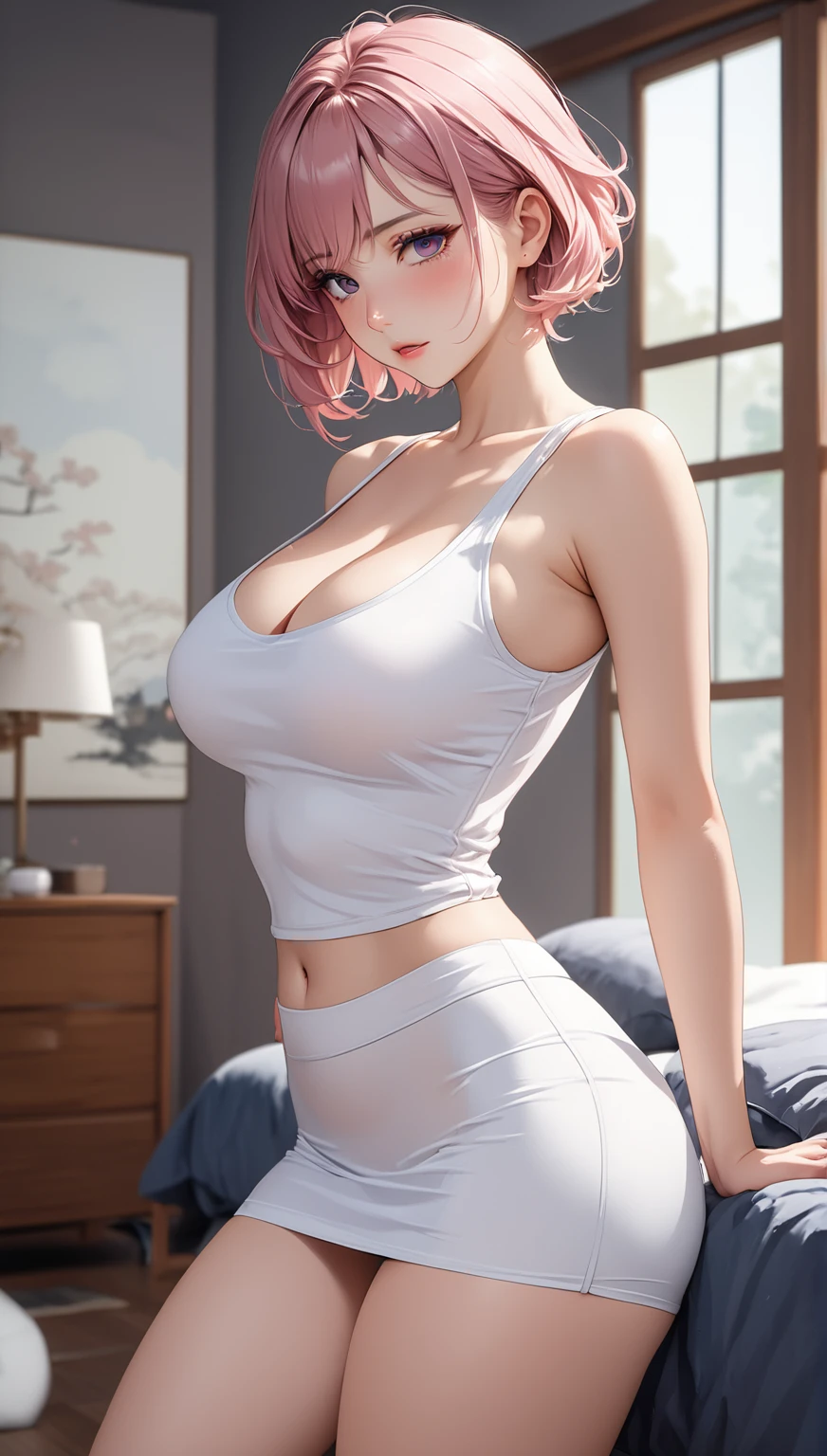 (((masterpiece))),(((High resolution)))、(((8K)))、(((perfect face)))、one beautiful Woman, (((beauty of japan)))、30 years old、((pink short hair)), (((beautiful face))), Detailed eyes and skin, detailed facial features,(((white tight tanktop)), tight tanktop, cleavage, white tight skirt, short skirt, embarrassed look, detailed texture, big, cool women, bare legs, bedroom, casual wife, sensual, seductive