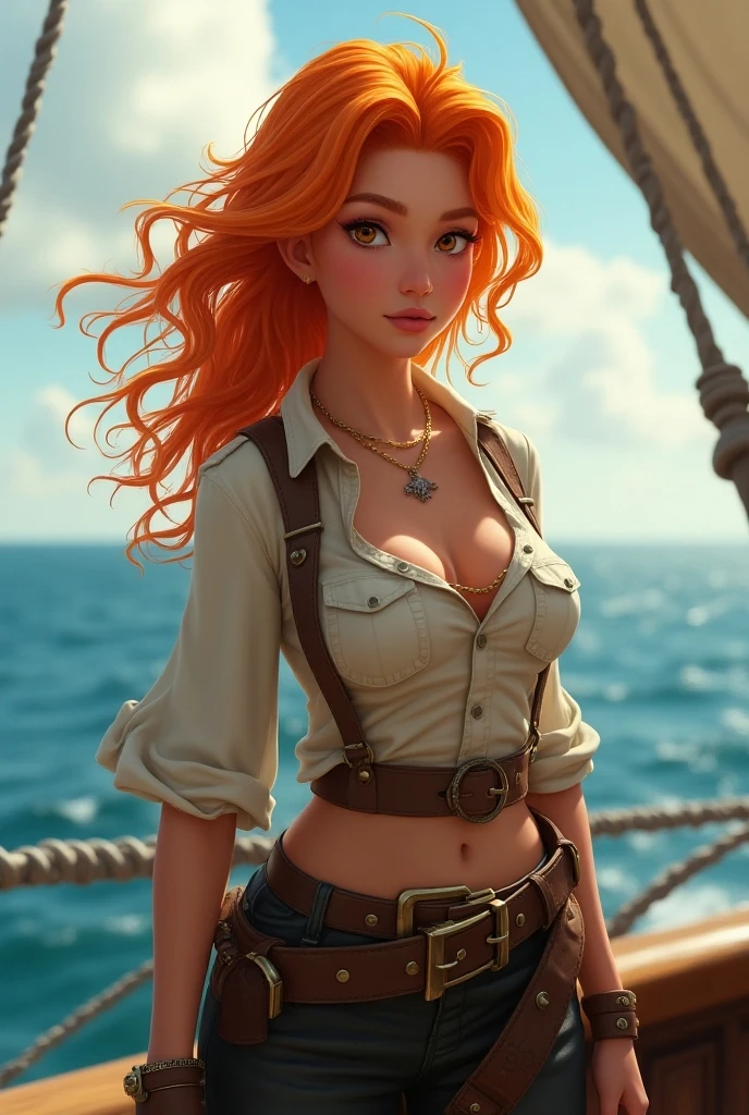 extremely beautiful nami (one piece), nsfw, subtle makeup, golden hour, photorealistic, high contrast, 8k HD, detailed, hyper-detailed, realistic skin texture, orange long hair, bikini top only, blue pants, large breast, best quality, ultra high res, raw photo, dramatic lighting, unreal engine, diffuse glow, outdoor, realistic detailed onep piece pirate ship, treasure chest, gold, gold coins, gold bars.