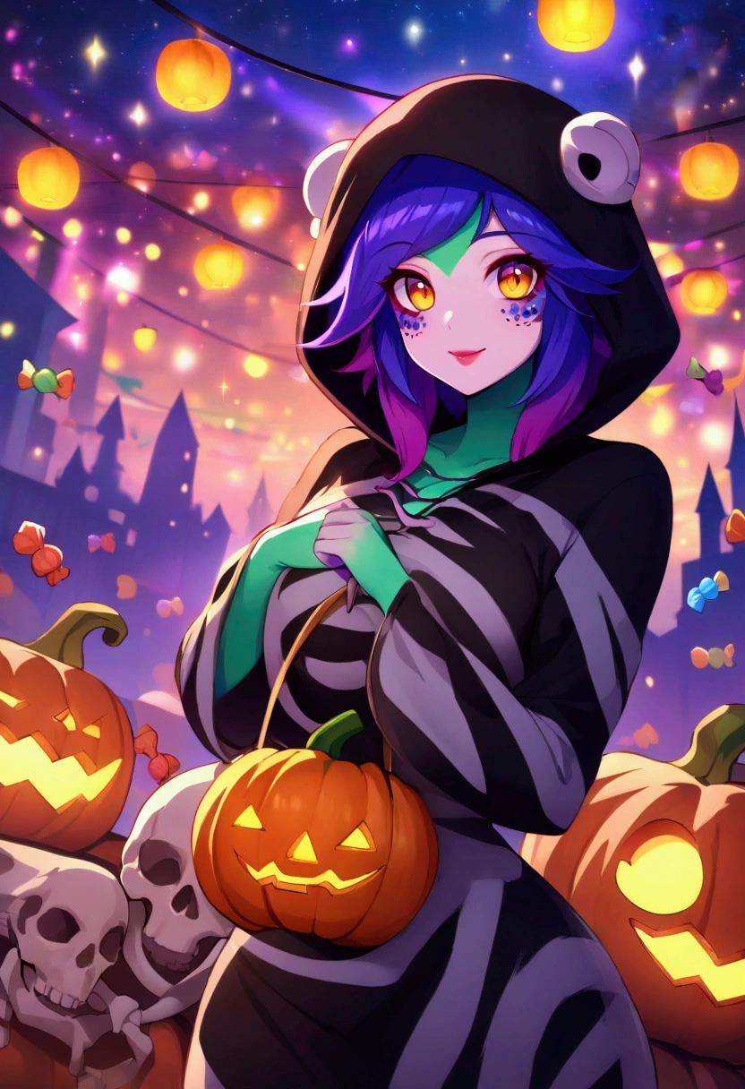 masterpiece, high quality, detailed background, neeko, anime, wearing a skeleton costume, white bones, face with skull makeup, black hooded cloak, pumpkins, candies, hallowen, party background, colorful lights