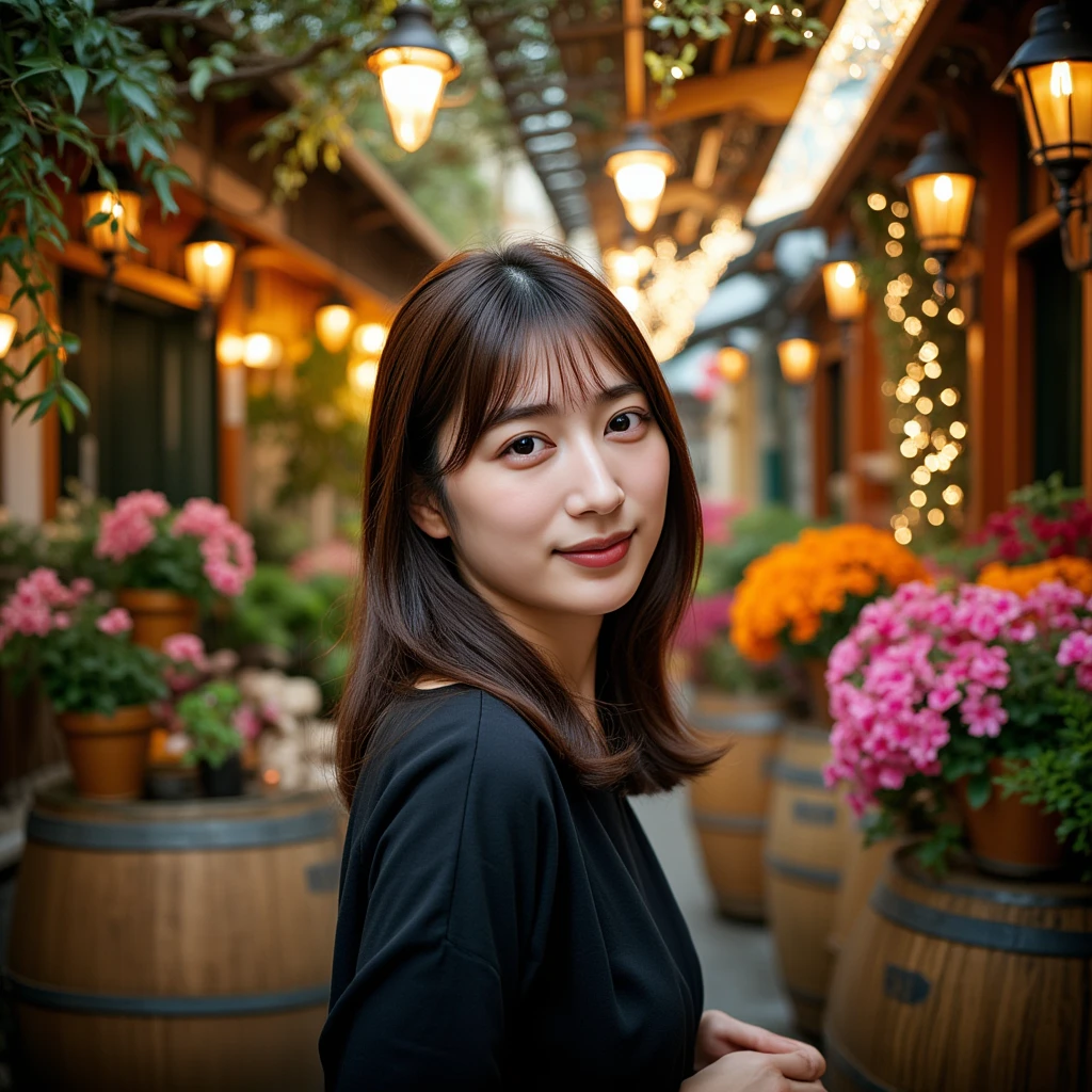 A close-up portrait of an Asian woman standing in the center of a vibrant, flower-filled garden alley, facing the camera with a warm, gentle smile. She has long, dark hair, elegantly framing her face, with a few soft waves adding a natural look. Her outfit is simple yet sophisticated, complementing the rich colors of the flowers surrounding her without overpowering them. Her expression is calm and inviting, capturing a moment of tranquility in this enchanting setting.

The background is filled with a lush display of blooming flowers in various hues—pinks, purples, oranges, and yellows—along with green foliage that cascades down from hanging pots and wooden beams above. Warm, golden lights from hanging lanterns and fairy lights illuminate the scene, casting a soft glow that adds depth and warmth to the portrait. Wooden barrels and planters brimming with vibrant plants frame the edges, giving a cozy, enclosed feel. The soft, diffused lighting highlights her features beautifully, making her the focal point amid the lush, colorful surroundings of this hidden garden oasis.