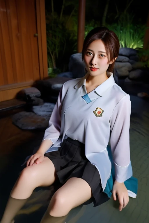 ltra-detailed,highly detailed,best quality,masterpiece,illustration,realistic,
wqmy, partially submerged, onsen, 1girl,
school uniform, collared shirt, pleated skirt,
