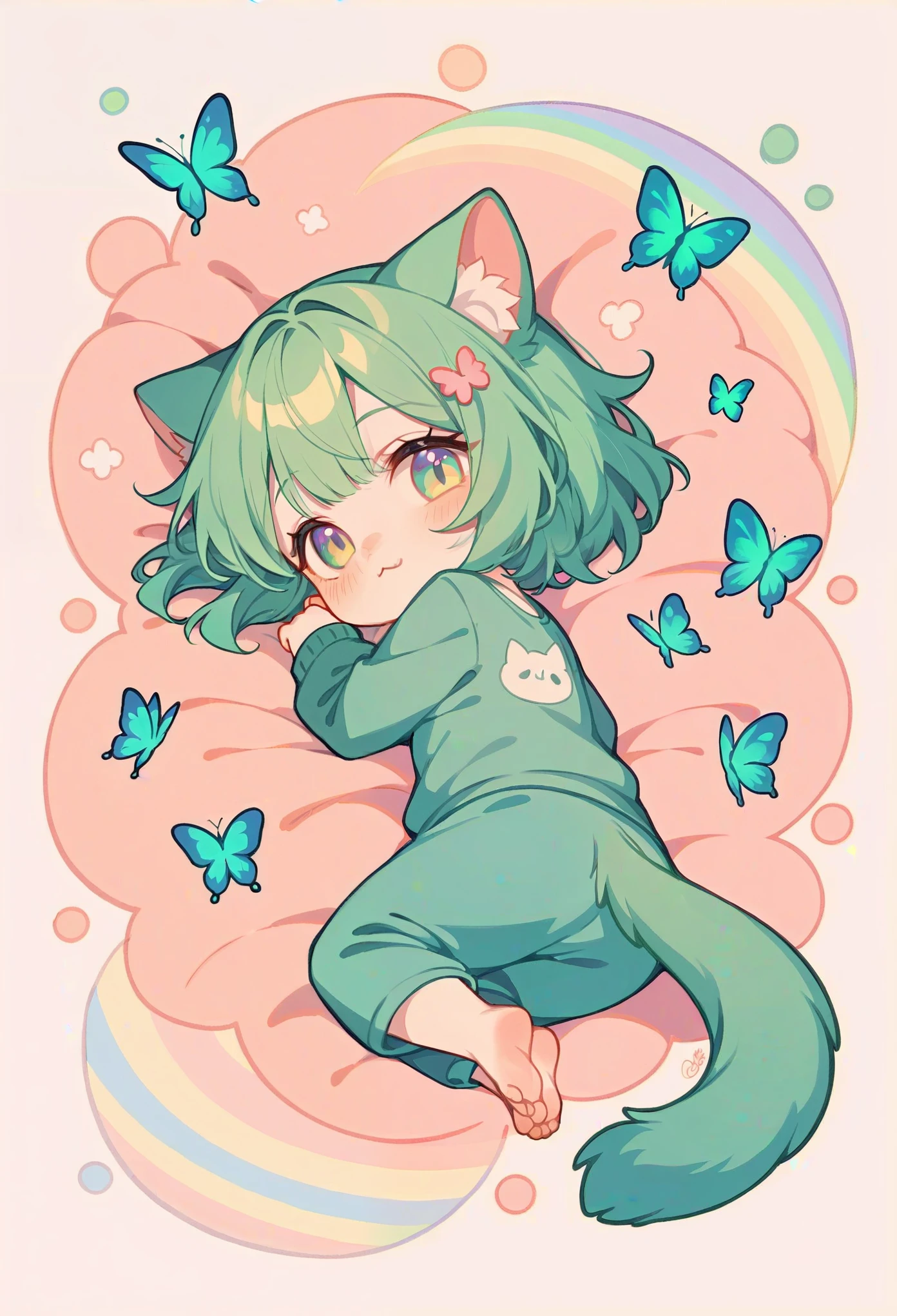 illustration, best quality, chibi,(pastel color),Low Fidelity (lofi) art style,pastel green tones,back view, 1girl, green hair, cat ears, cat tail, lying down, looking at rainbow butterfly, cute and playful atmosphere, paw-like feet, simple composition, gentle and relaxing scene, subtle shading