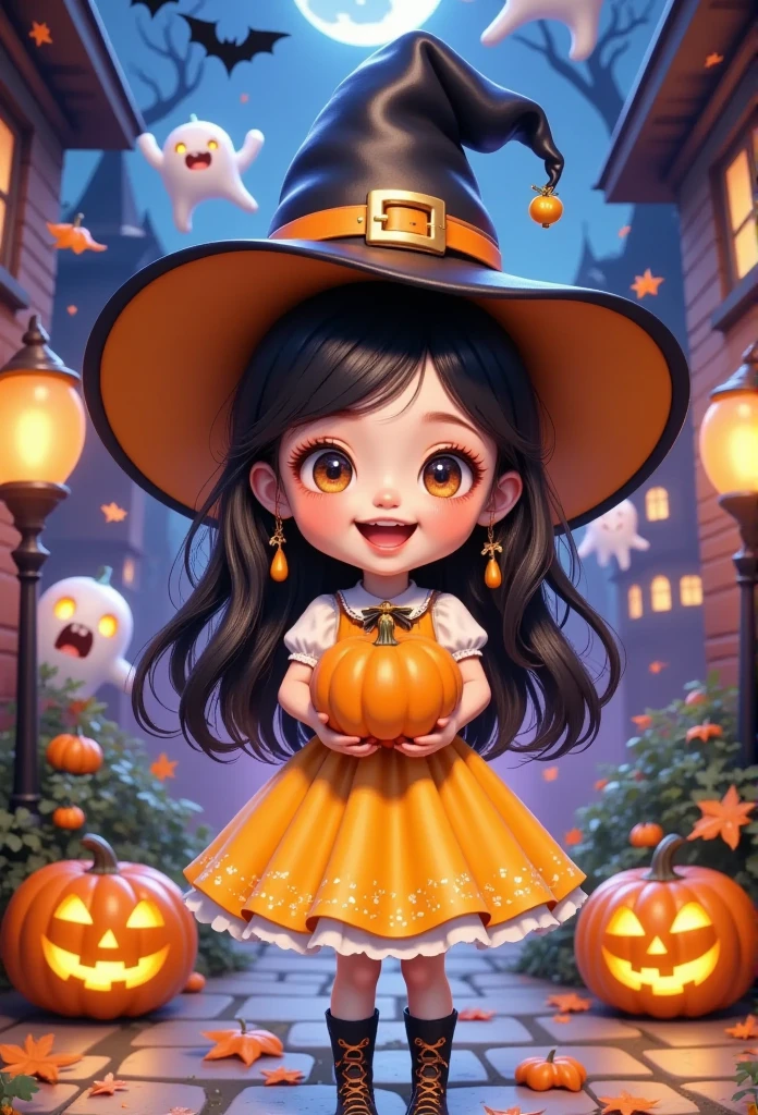 a girl in a yellow dress and a black hat holding a pumpkin, halloween art style, in a halloween style, 🍂 cute, witch girl, trick or treat, adorable digital painting, halloween celebration, halloween theme, advanced digital chibi art, bright witch, cute detailed digital art, scarry but bewitching, cute digital art, rossdraws cartoon vibrant