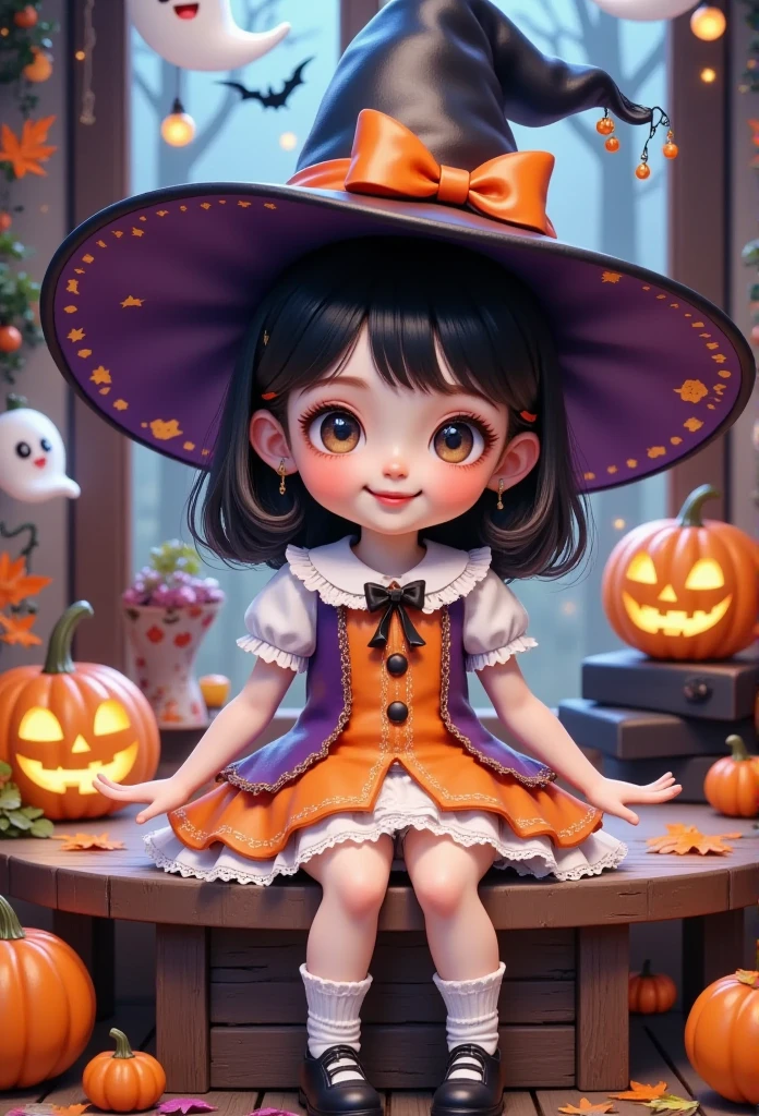 a close up of a doll sitting on a table with pumpkins, a picture by Jin Homura, pixiv, digital art, witch girl, cat witch, nendoroid, nendoroid 3 d, 🍂 cute, classical witch, in a halloween style, style as nendoroid, witch fairytale, wearing black witch hat, witch, cute anime catgirl