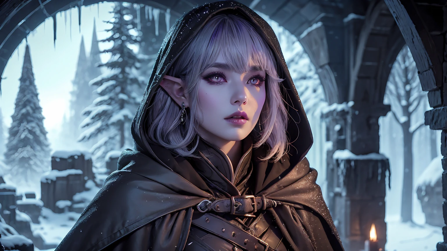 (Ultra-detailed face, looking away, Fantasy Illustration with Gothic, Ukiyo-e, Comic Art, Rich colors), 
BREAK 
(A female dark elf ranger looks up at the sky from the entrance to her medieval-style leather-grafted tent and wonders about the weather. It is late at night outside, there is no wind, and the snow is falling deep. It is very cold and his breath is white.), 
BREAK 
(This is the extreme cold of the north. The trees in the forest have turned to ice, the starlust is falling, and the air is so cold that it glistens.), 
BREAK 
(DarkElves: A middle-aged dark elf woman with silver color hair, blunt bangs, bob cut and dark purple color skin, lavender color eyes.), 
BREAK 
(DarkElves: A female dark elf ranger is wearing a thick, fur-lined cloak with a hood. She wears a woolen scarf and gloves.)