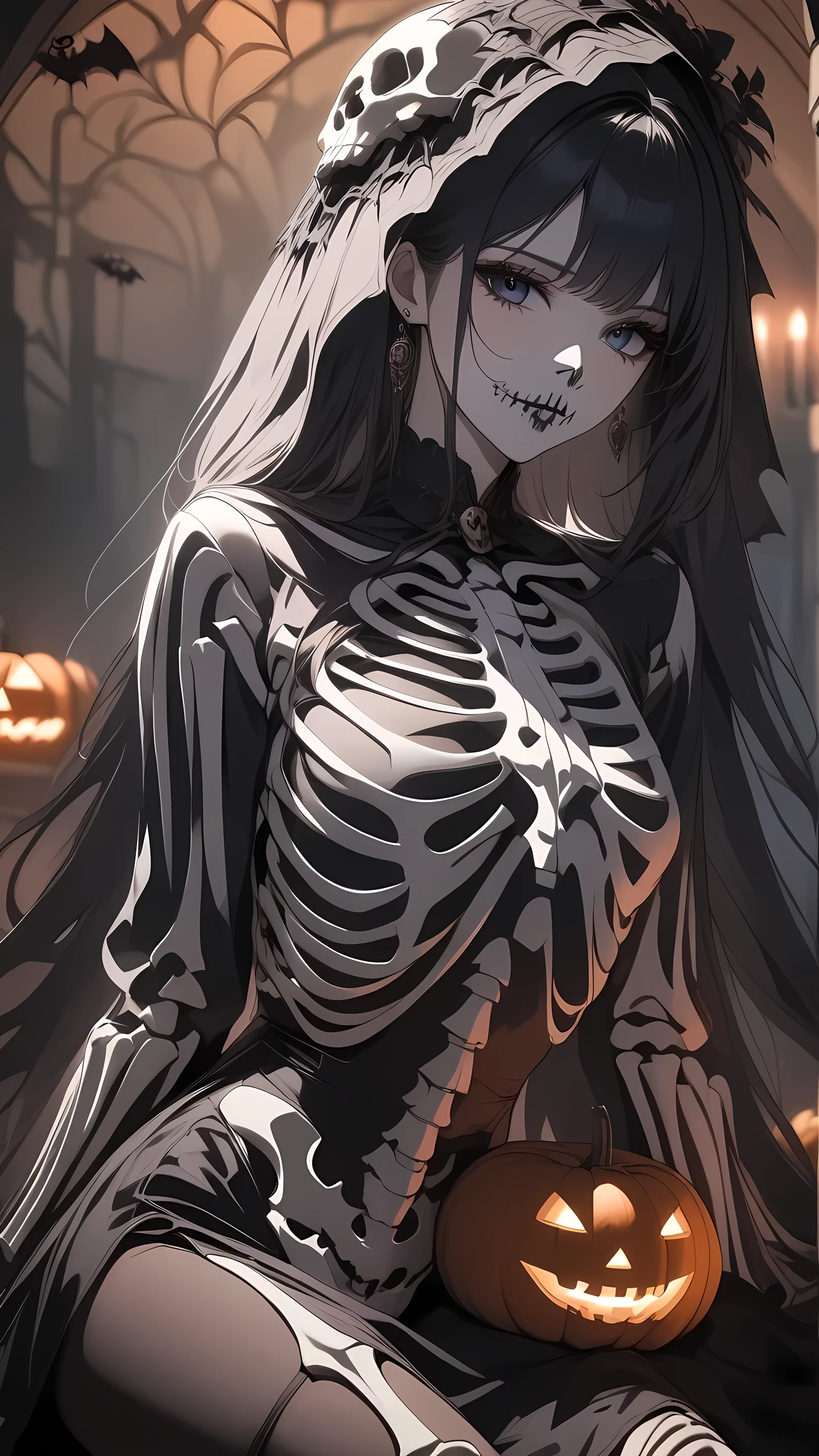 (masterpiece, best quality:1.2), 1girl, skeleton costume, halloween, dark fantasy, horror, surreal, cinematic lighting, dramatic shadows, moody atmosphere, detailed face, piercing eyes, porcelain skin, long dark hair, intricate costume details, skeletal elements, gothic, dramatic pose, ethereal, mystical