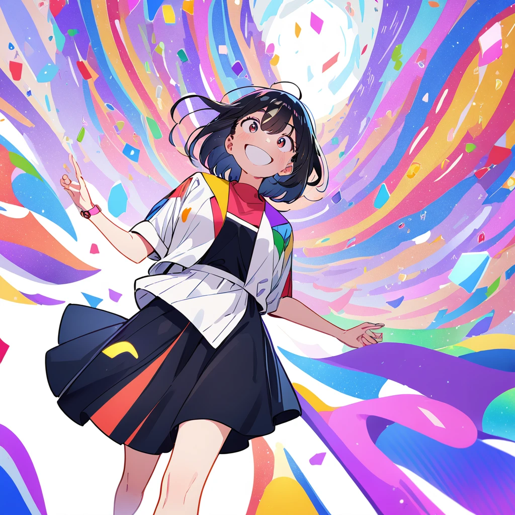 (colorful),  perfect anatomy,  watch the audience , one girl playing pranks, Alone, White background, floating colorful water,  super precise illustrations ,  with elaborate details ,  Dynamic Angle,  Beautiful Details , 8k, 壊す smiling amidst the colorful scenes, ( Kampala),  anime style