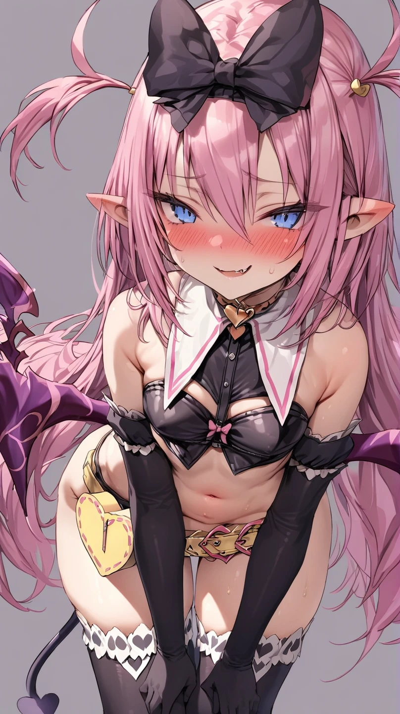 (masterpiece, best quality, extremely detailed, good anatomy, perfect hands:1.2),beautiful young girl, (long pink hair:1.5), short twin tails,big black ribbon, pointy ears, blue eyes, navel, hair bow, black midriff, black panties, black gloves, purple demon wings, thighhighs, demon tail, heart shaped yellow pochette,  nose blush, bitch,
{{{seductive smile, fang, standing, lean forward, sexy pose}},