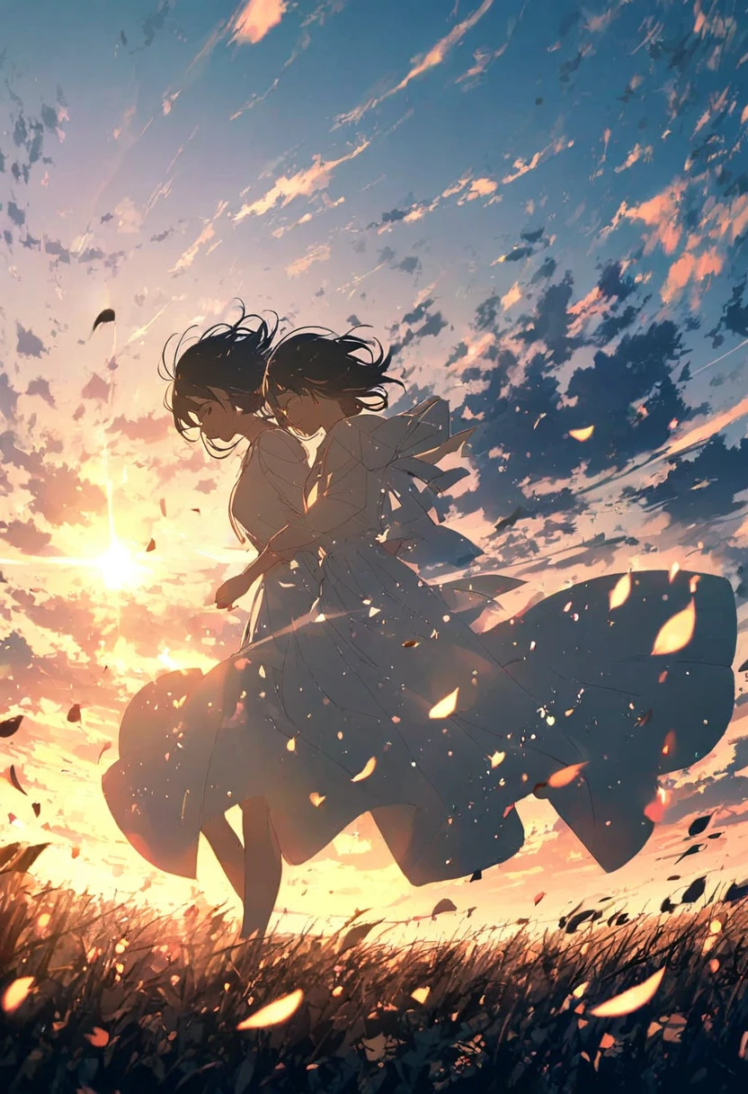 ((anime))、pastel、 woman,Black Hair,White clothes,Holding back hair,Strong winds,Leaves scatter ,Standing on the Plains, light shines in from the sky,sunny