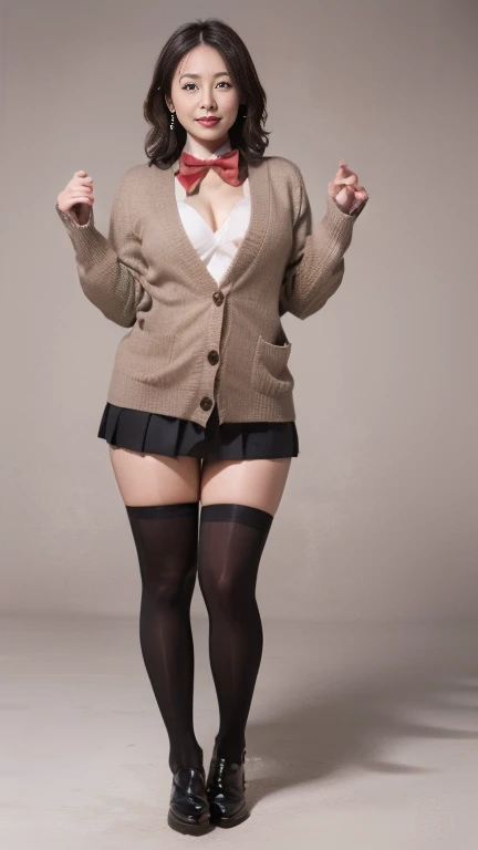  Japanese mature, white skin,(curvy body, big chest, plump thighs:1.5),(red bowtie,brown cardigan,red skirt,pleated skirt,micro miniskirt,black thighhighs, earrings, High Heels :1.2),(standing,Full body shot from head to toe,full body,standing:1.2),Plain, light-colored background,looking at viewer,smile, surrealism, from below, Sony FE, 8k, arms up