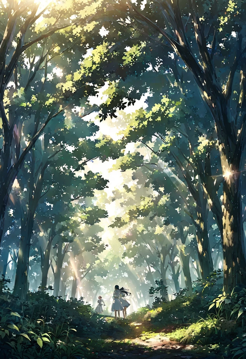 ((anime))、pastel、 woman,Black Hair,White clothes,Holding back hair,Standing in the woods , light shines through the trees, shining sunlight filtering through the trees ,sunny