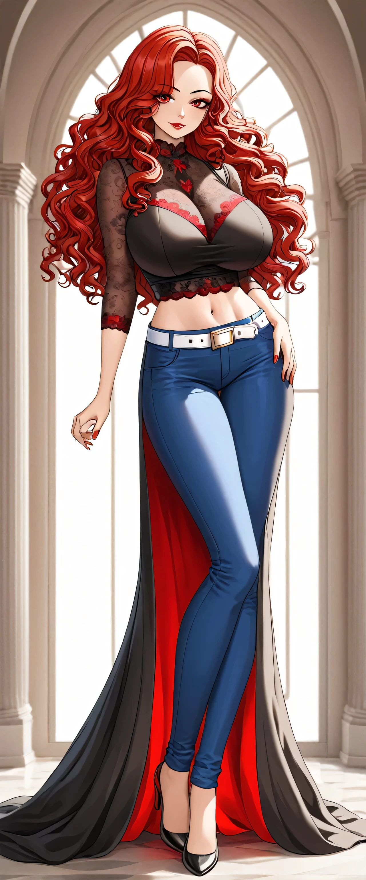 A tall woman big sexy beautiful huge breast sensual beauty girl wavy red hair long curly straight her eye line red eyelash black dresses dark red top shirt shows navel and shiny blue pants white belt a black boot long legs