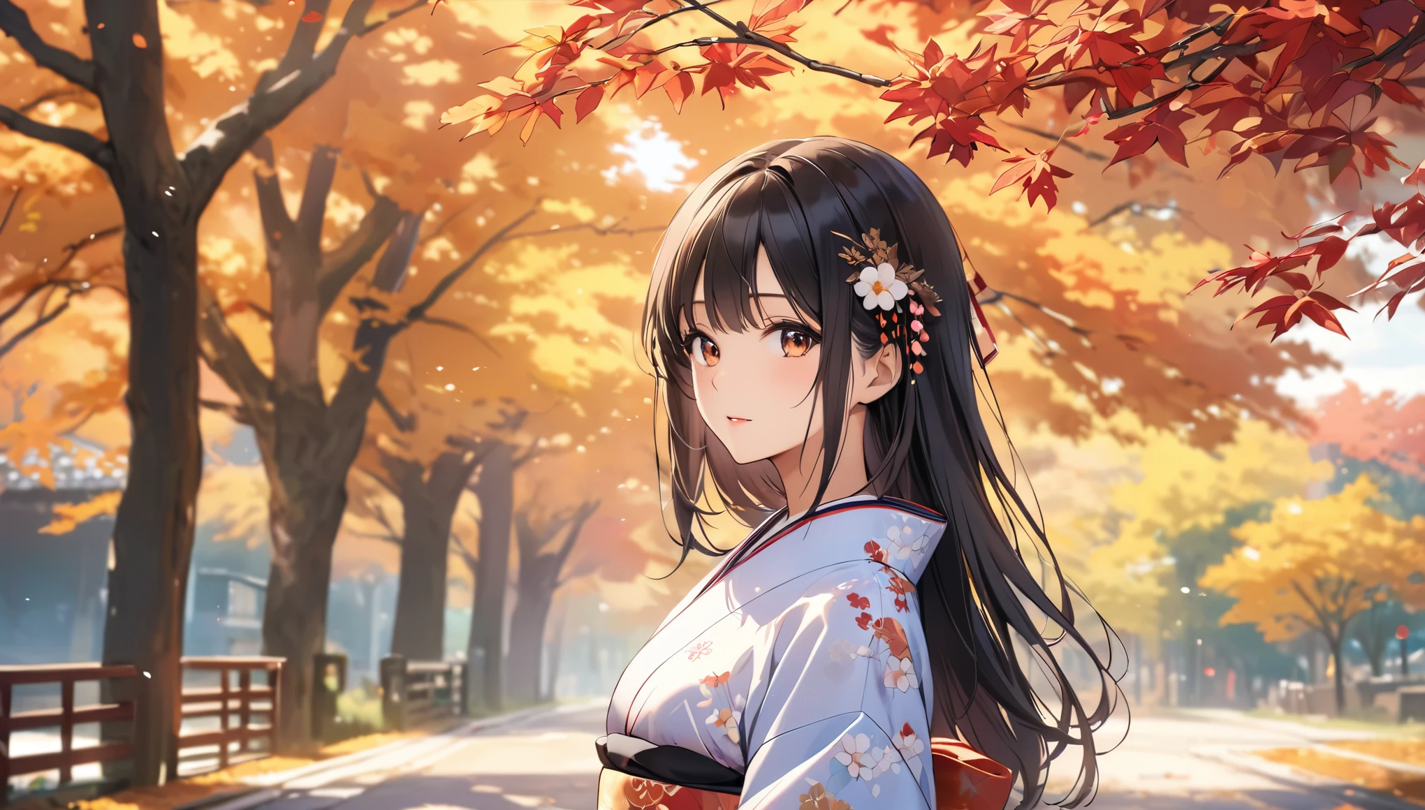 (Highest quality, 4K, 8k, High resolution, masterpiece:1.2), Very detailed, Picturesque, Anime style photo, Photo Anime:1.37)、A beautiful Japanese woman, kimono,
black hair, autumn, whole body