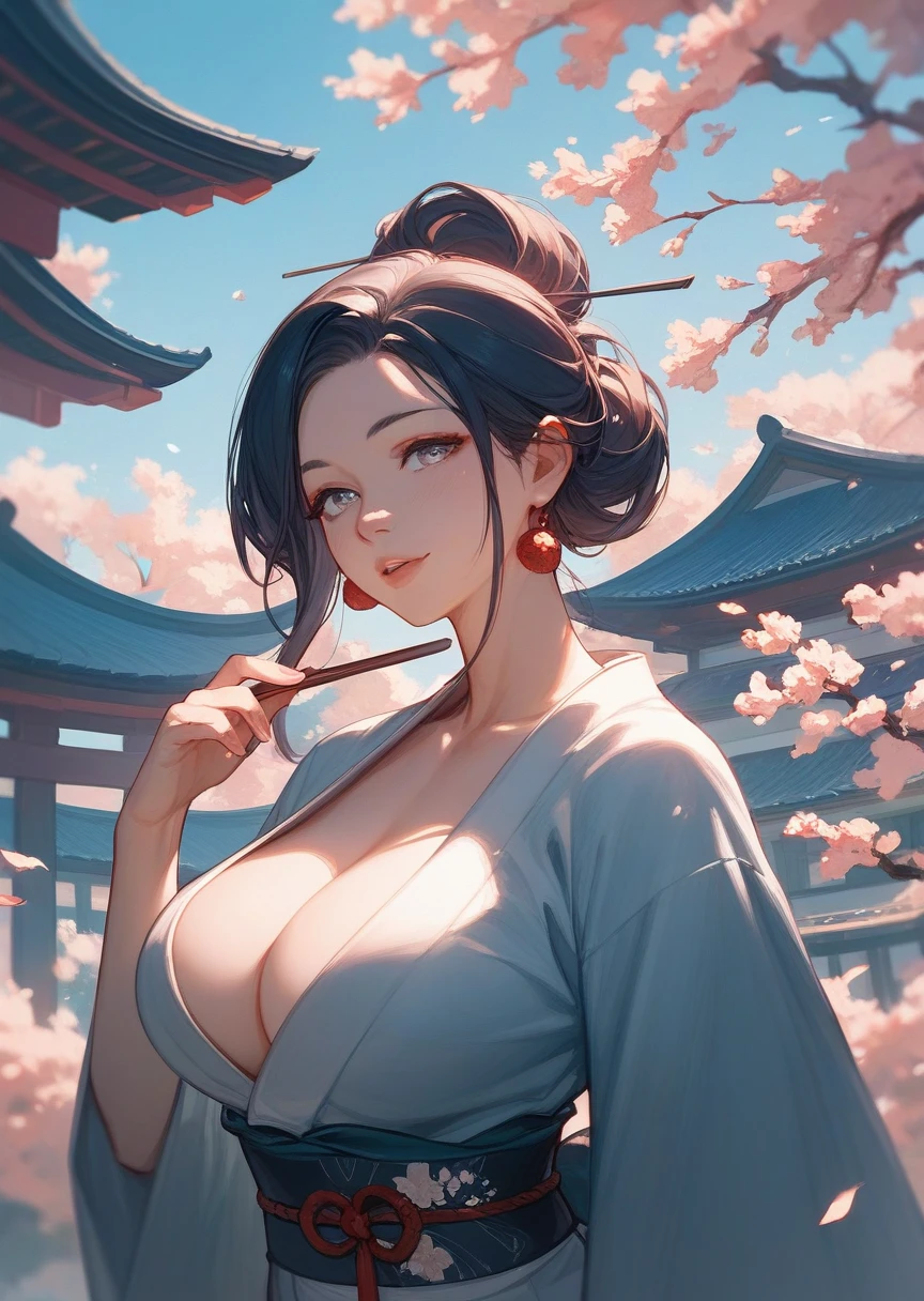 Japanese mature woman with big boobs、 I'm wearing a Japanese kimono、Beauty Painting、Ukiyo-e style、 my kimono is falling apart 、My big breasts are spilling out 、sexy、 sophisticated design 、advanced lighting technology、8k Quality