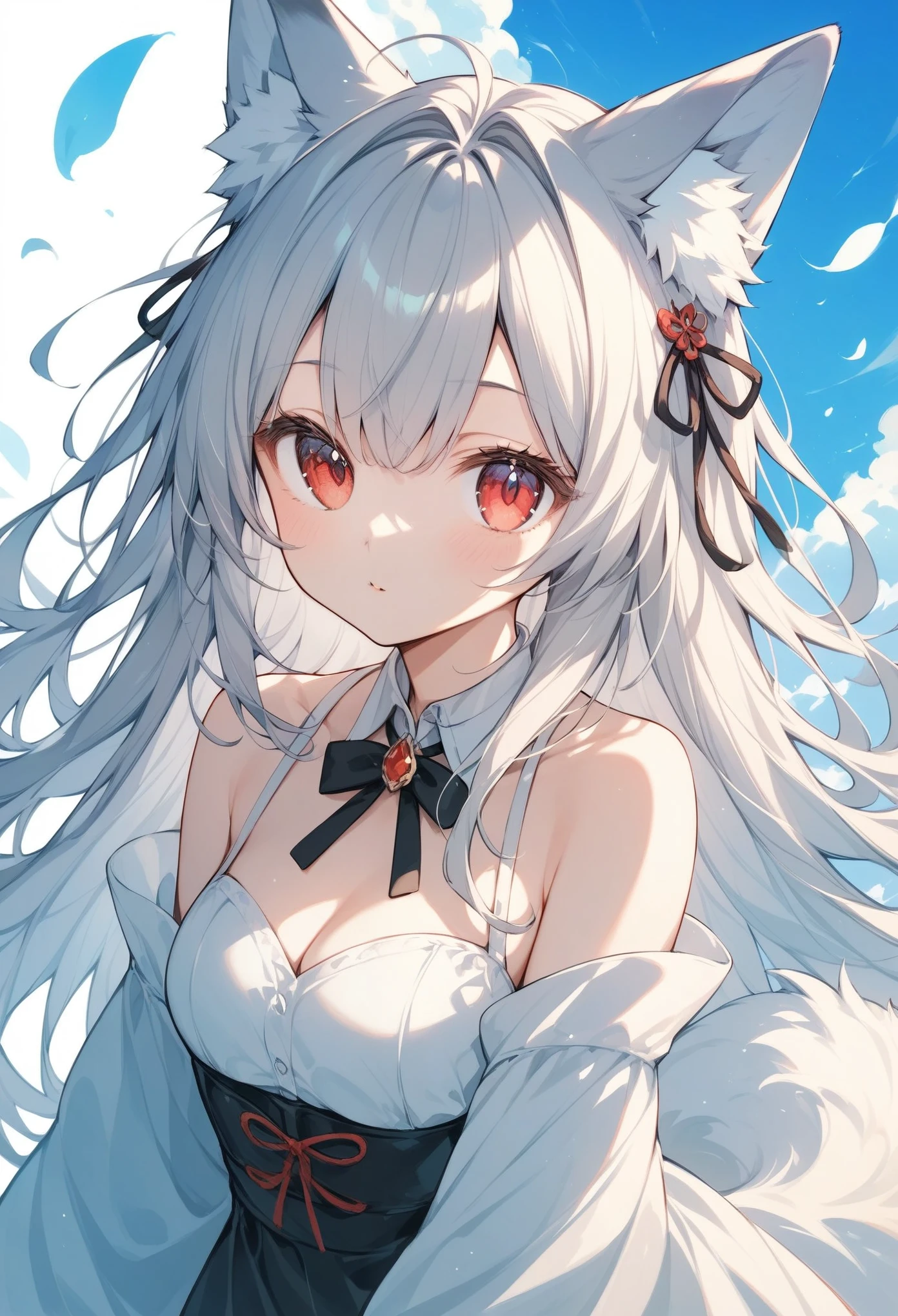 (score_9, score_8_up, score_7_up, score_6_up, score_5_up, score_4_up),Warm Hues 、White fox girl  、Grey Hair、  Smooth Long Hair  、Fox Ears、  Fox's Fluffy Tail  、Ruby Eyes、 Oblique Eyes、:<,cute、Sleepy eyes