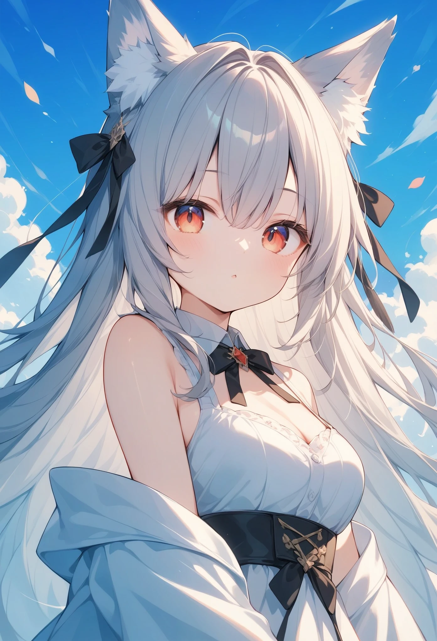 (score_9, score_8_up, score_7_up, score_6_up, score_5_up, score_4_up),Warm Hues 、White fox girl  、Grey Hair、  Smooth Long Hair  、Fox Ears、  Fox's Fluffy Tail  、Ruby Eyes、 Oblique Eyes、:<,cute、Sleepy eyes